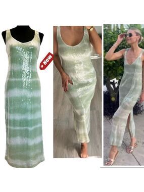 Caroline Constas green tie-dye sequin embellished sleeveless V-neck dress S NWT